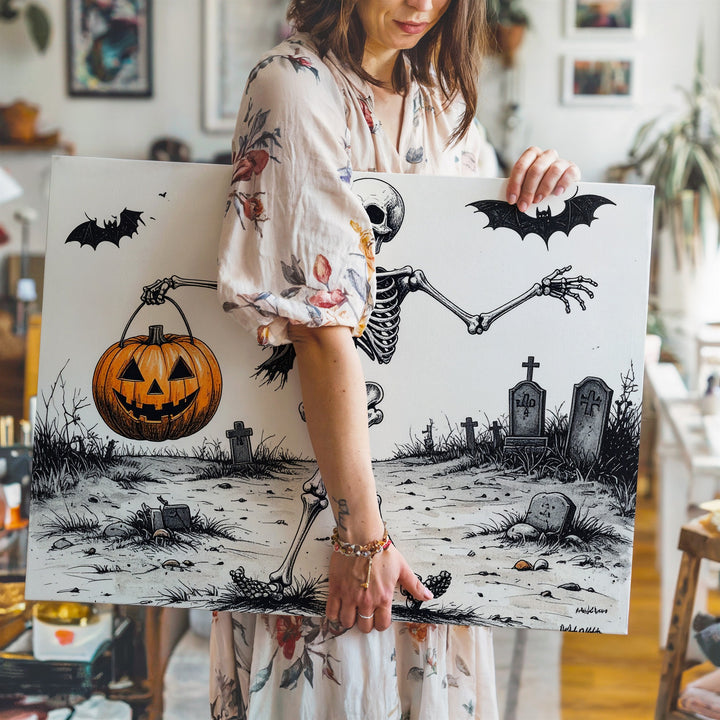 Dancing Skeleton with Pumpkin Basket – Whimsical Graveyard Halloween Canvas - Gifitto
