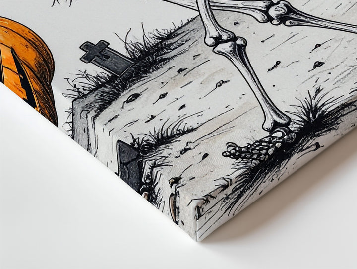 Dancing Skeleton with Pumpkin Basket – Whimsical Graveyard Halloween Canvas - Gifitto