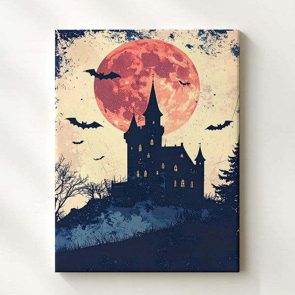 Vintage Haunted Castle Canvas – Cream Moon & Nostalgic Halloween Art - Gifitto