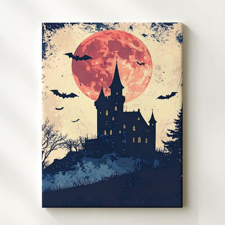 Vintage Haunted Castle Canvas – Cream Moon & Nostalgic Halloween Art - Gifitto