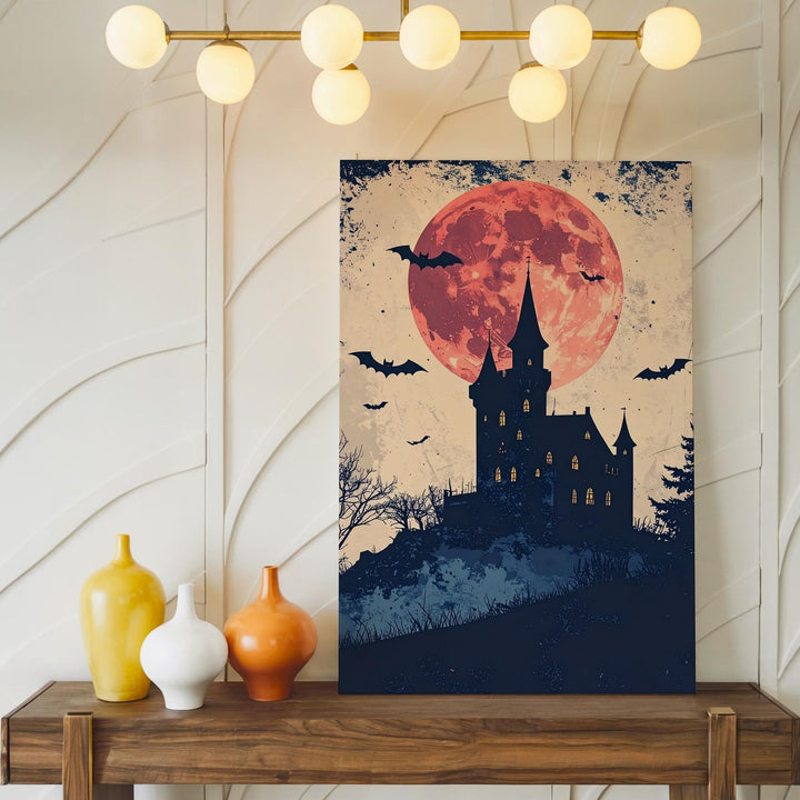 Vintage Haunted Castle Canvas – Cream Moon & Nostalgic Halloween Art - Gifitto