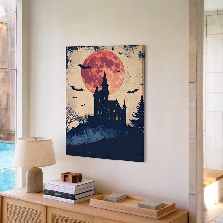 Vintage Haunted Castle Canvas – Cream Moon & Nostalgic Halloween Art - Gifitto