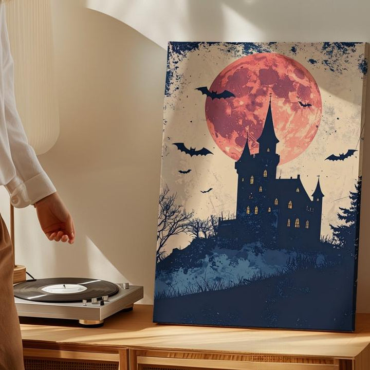 Vintage Haunted Castle Canvas – Cream Moon & Nostalgic Halloween Art - Gifitto