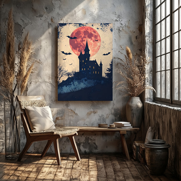 Vintage Haunted Castle Canvas – Cream Moon & Nostalgic Halloween Art - Gifitto