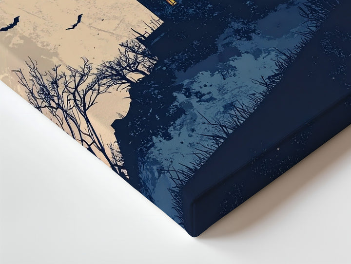 Vintage Haunted Castle Canvas – Cream Moon & Nostalgic Halloween Art - Gifitto