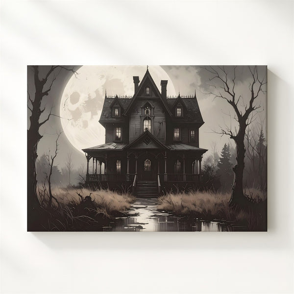 Haunted Gothic Mansion Canvas – Eerie Full Moon Halloween Night Art - Gifitto