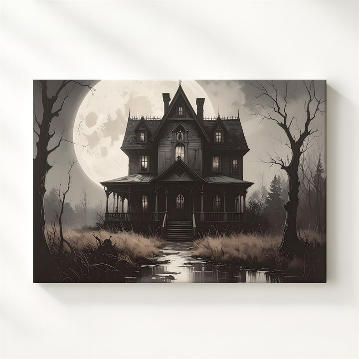 Haunted Gothic Mansion Canvas – Eerie Full Moon Halloween Night Art - Gifitto