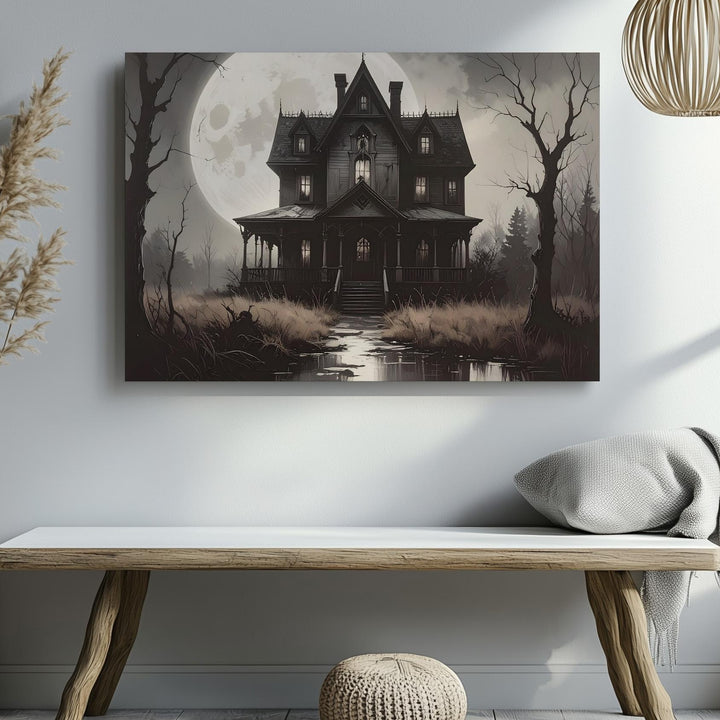 Haunted Gothic Mansion Canvas – Eerie Full Moon Halloween Night Art - Gifitto
