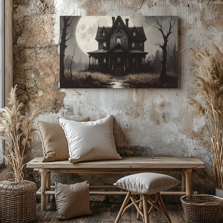 Haunted Gothic Mansion Canvas – Eerie Full Moon Halloween Night Art - Gifitto