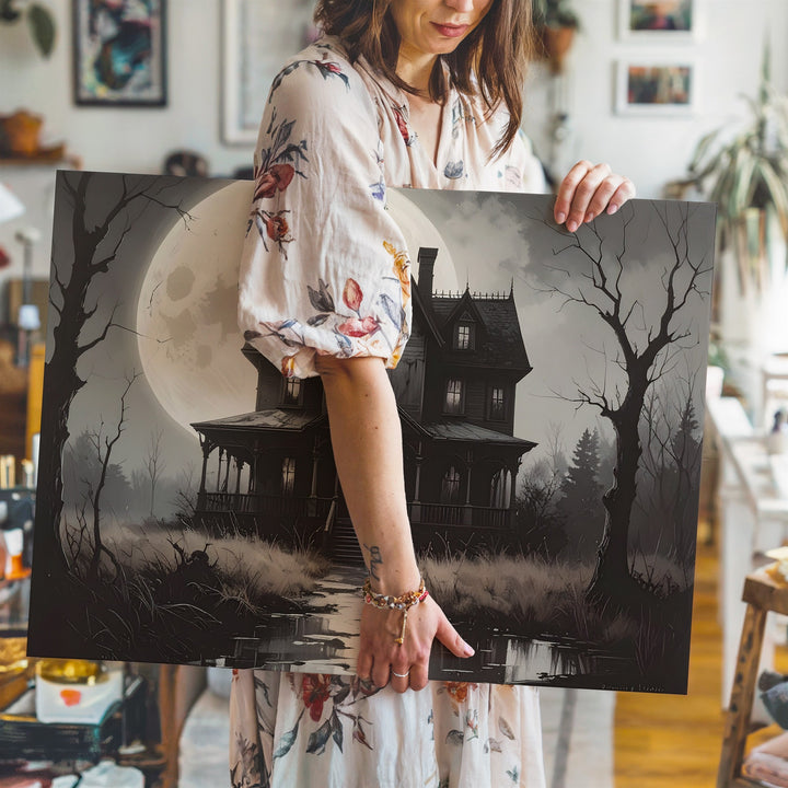 Haunted Gothic Mansion Canvas – Eerie Full Moon Halloween Night Art - Gifitto