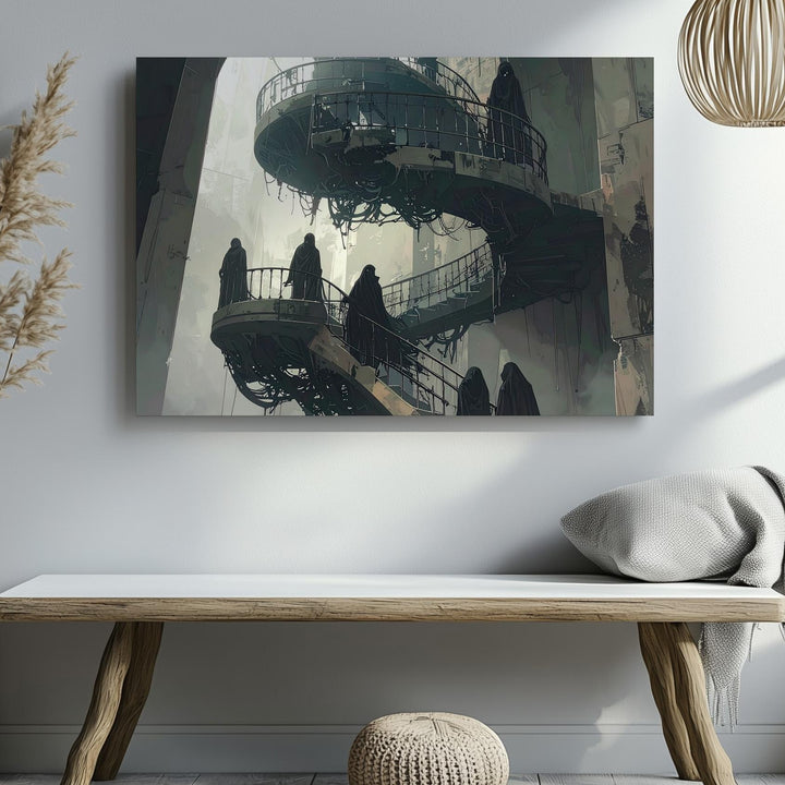 Ghostly Spiral Staircase Canvas – Surreal Gothic Architectural Horror Art - Gifitto