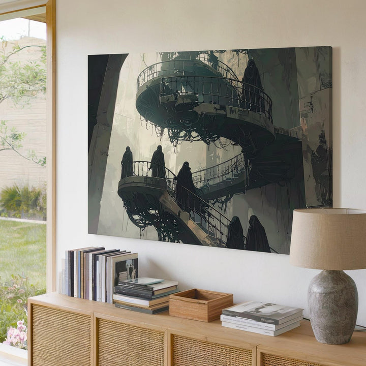Ghostly Spiral Staircase Canvas – Surreal Gothic Architectural Horror Art - Gifitto