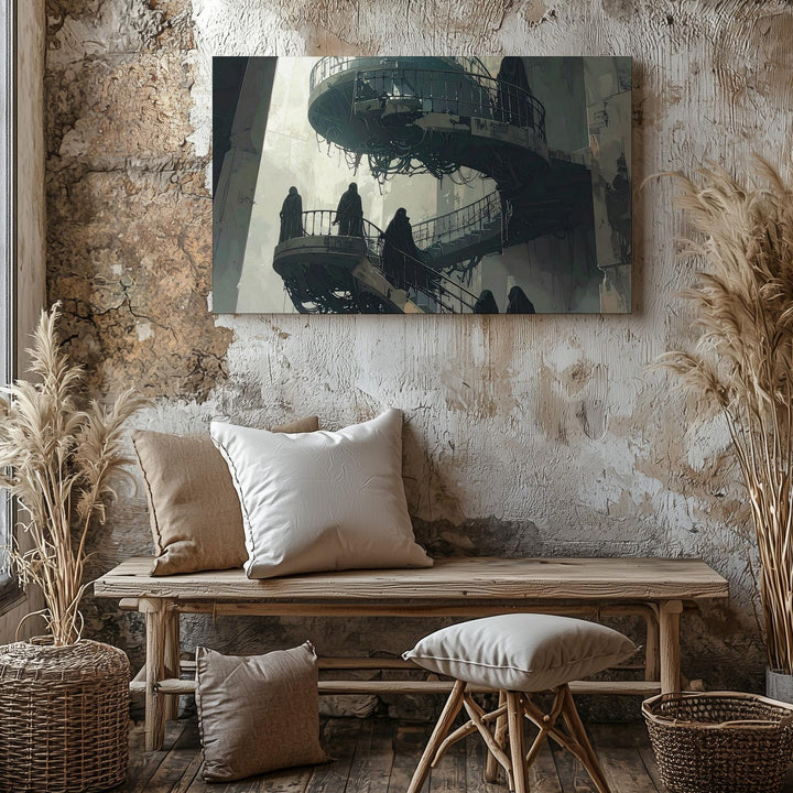 Ghostly Spiral Staircase Canvas – Surreal Gothic Architectural Horror Art - Gifitto
