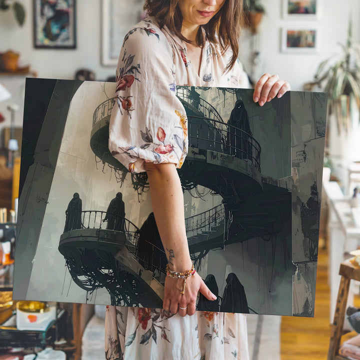 Ghostly Spiral Staircase Canvas – Surreal Gothic Architectural Horror Art - Gifitto