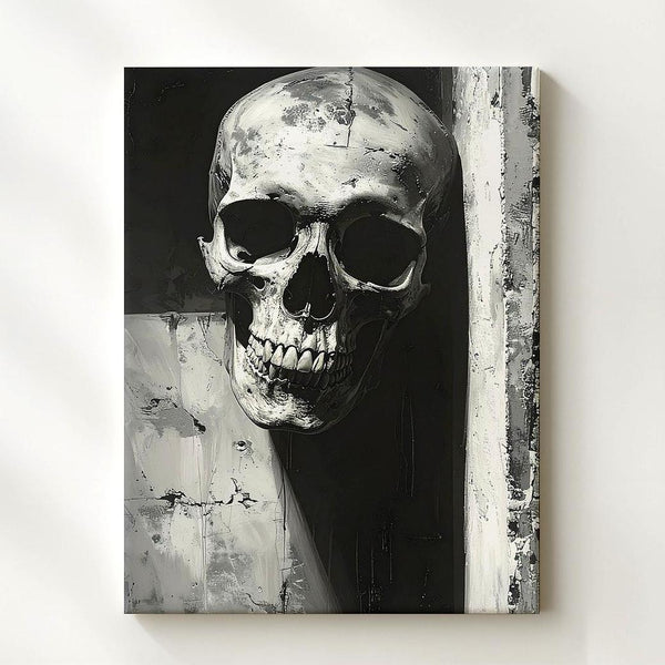 Skull in Shadowed Corner Canvas – Monochrome Horror Wall Art - Gifitto