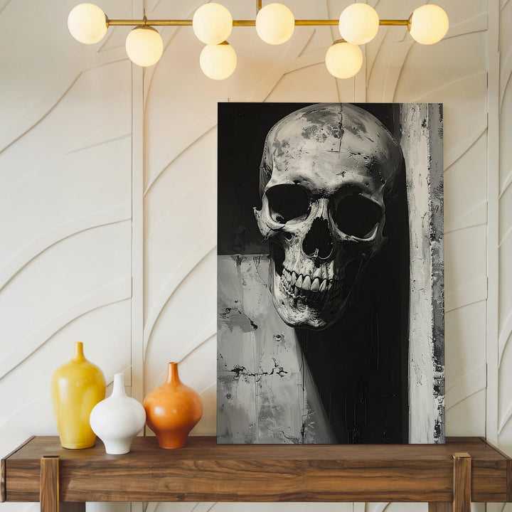 Skull in Shadowed Corner Canvas – Monochrome Horror Wall Art - Gifitto