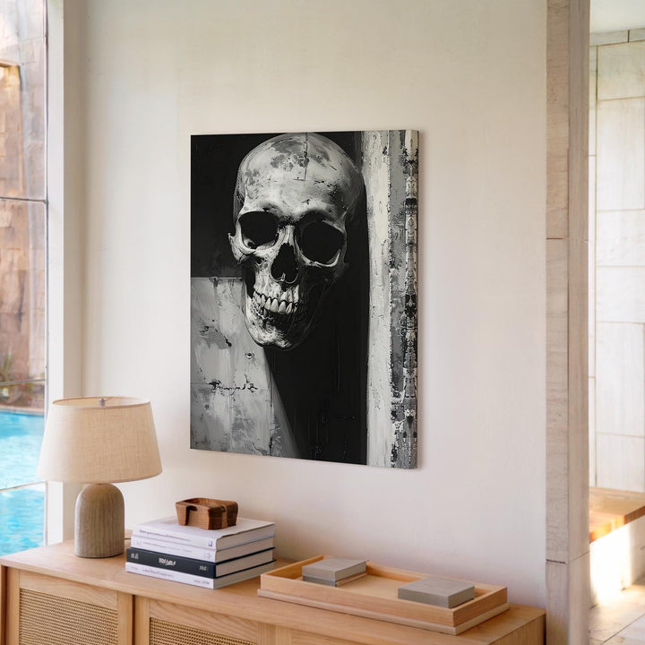 Skull in Shadowed Corner Canvas – Monochrome Horror Wall Art - Gifitto