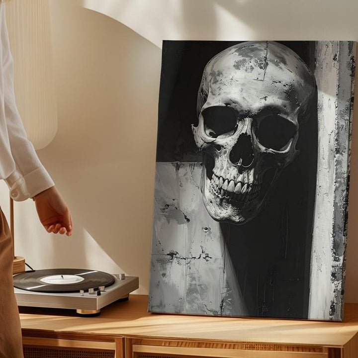 Skull in Shadowed Corner Canvas – Monochrome Horror Wall Art - Gifitto