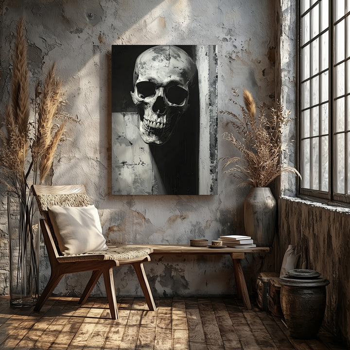 Skull in Shadowed Corner Canvas – Monochrome Horror Wall Art - Gifitto