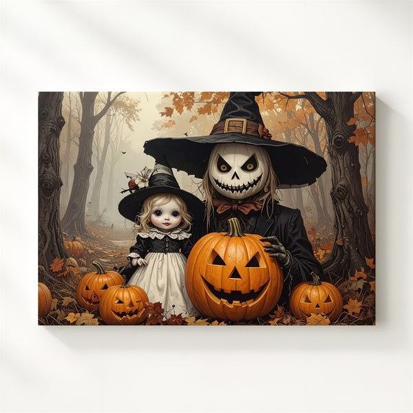Pumpkin Scarecrow & Doll Portrait Canvas – Dark Fairytale Halloween Art - Gifitto