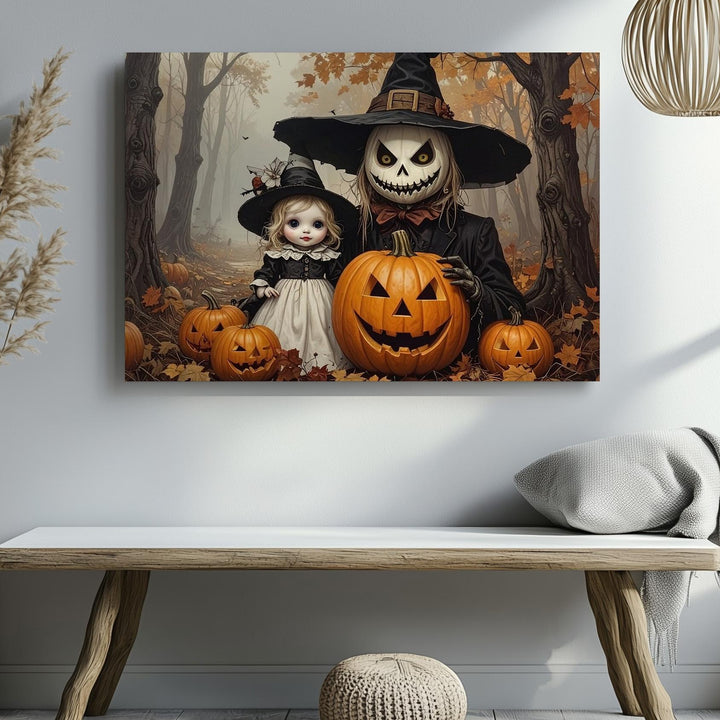 Pumpkin Scarecrow & Doll Portrait Canvas – Dark Fairytale Halloween Art - Gifitto