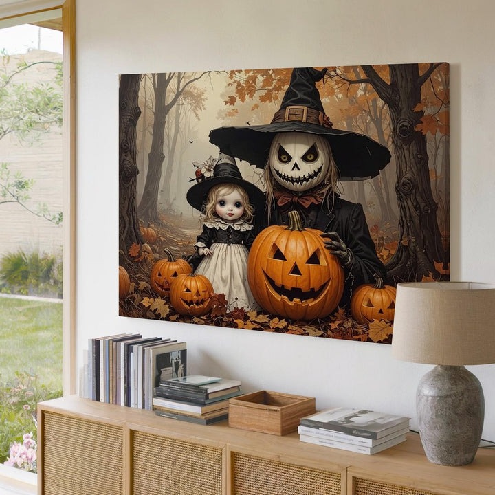 Pumpkin Scarecrow & Doll Portrait Canvas – Dark Fairytale Halloween Art - Gifitto