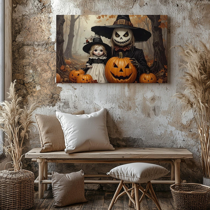 Pumpkin Scarecrow & Doll Portrait Canvas – Dark Fairytale Halloween Art - Gifitto