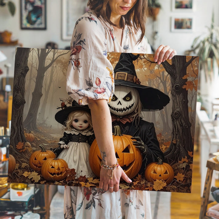 Pumpkin Scarecrow & Doll Portrait Canvas – Dark Fairytale Halloween Art - Gifitto