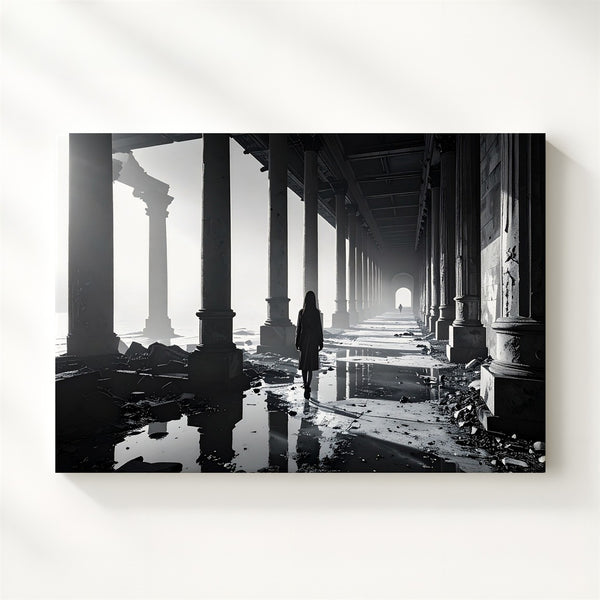 Shadow Corridor Canvas – Grayscale Architectural Horror with Reflective Flooding - Gifitto