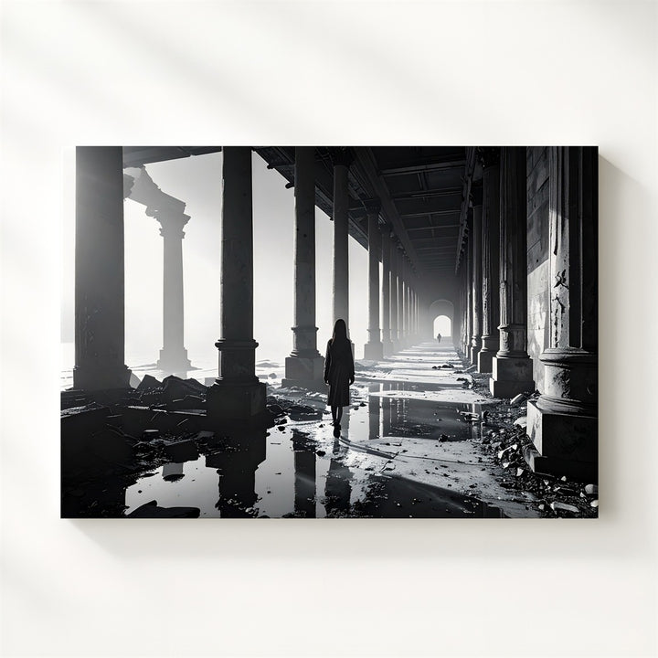 Shadow Corridor Canvas – Grayscale Architectural Horror with Reflective Flooding - Gifitto