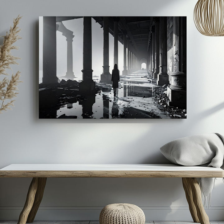 Shadow Corridor Canvas – Grayscale Architectural Horror with Reflective Flooding - Gifitto
