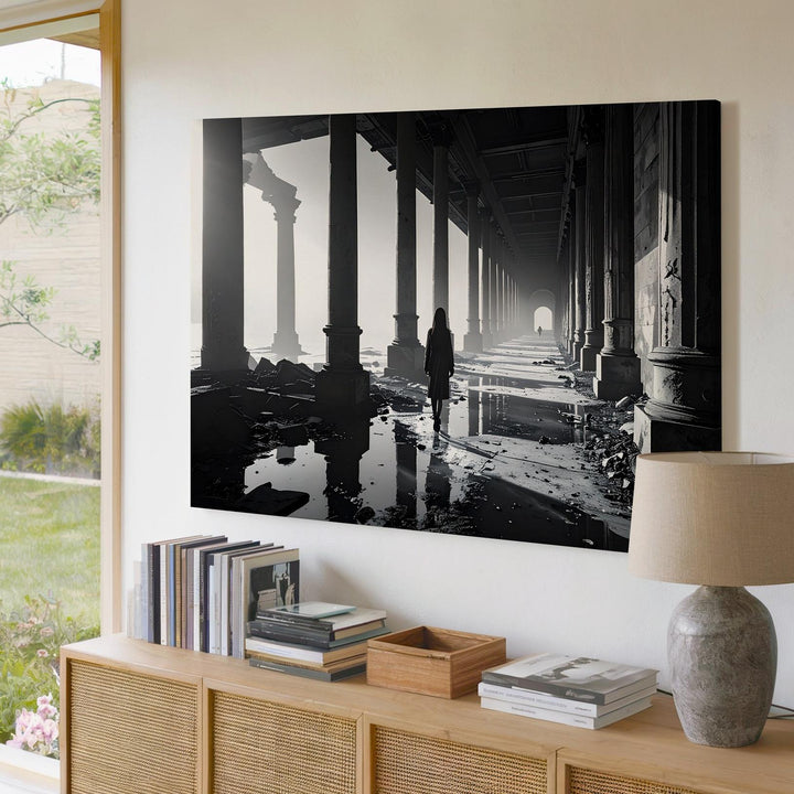 Shadow Corridor Canvas – Grayscale Architectural Horror with Reflective Flooding - Gifitto