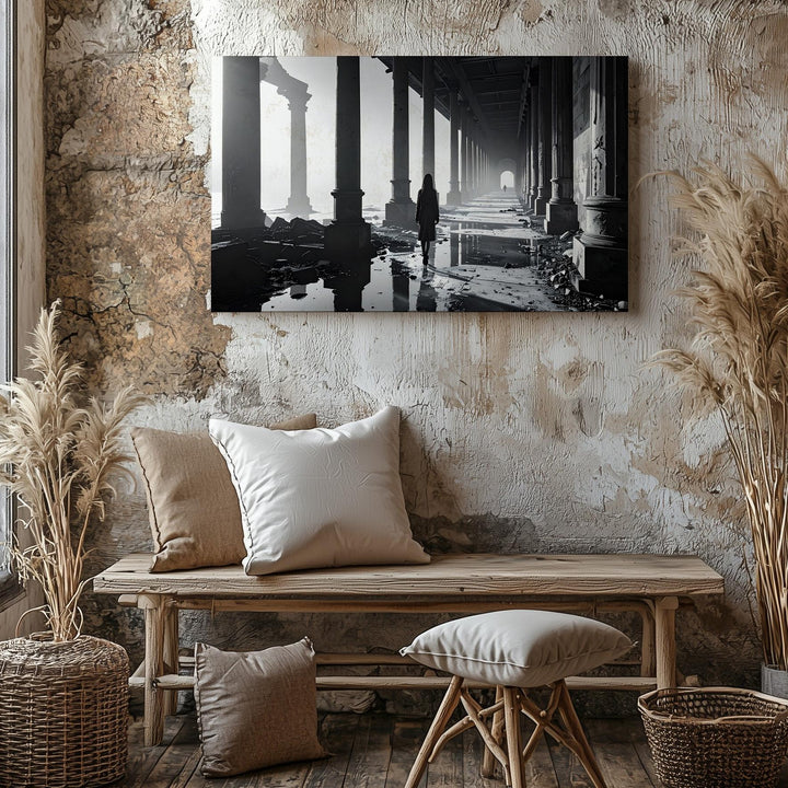 Shadow Corridor Canvas – Grayscale Architectural Horror with Reflective Flooding - Gifitto