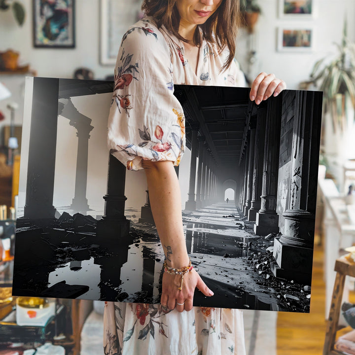 Shadow Corridor Canvas – Grayscale Architectural Horror with Reflective Flooding - Gifitto