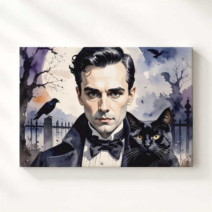 Edgar Allan Poe in Graveyard Canvas – Watercolor Gothic Halloween Wall Art - Gifitto
