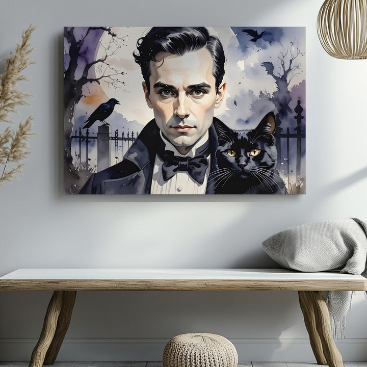 Edgar Allan Poe in Graveyard Canvas – Watercolor Gothic Halloween Wall Art - Gifitto