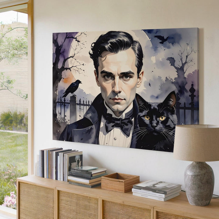 Edgar Allan Poe in Graveyard Canvas – Watercolor Gothic Halloween Wall Art - Gifitto