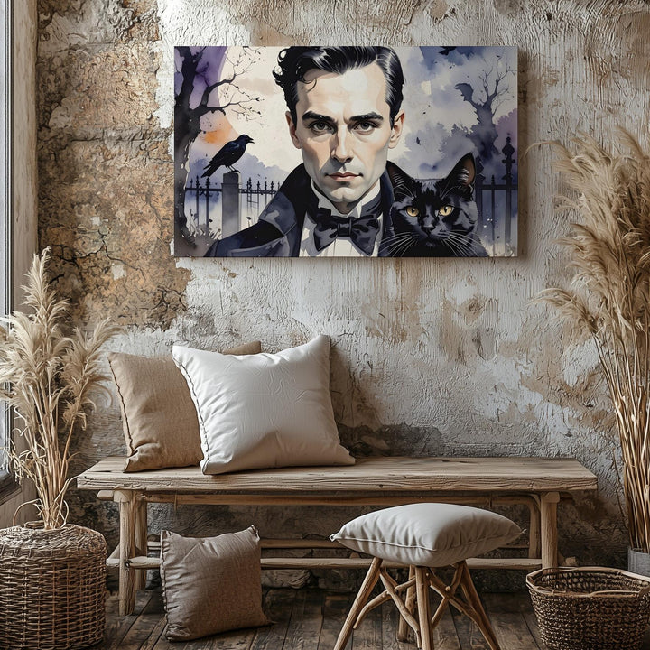 Edgar Allan Poe in Graveyard Canvas – Watercolor Gothic Halloween Wall Art - Gifitto