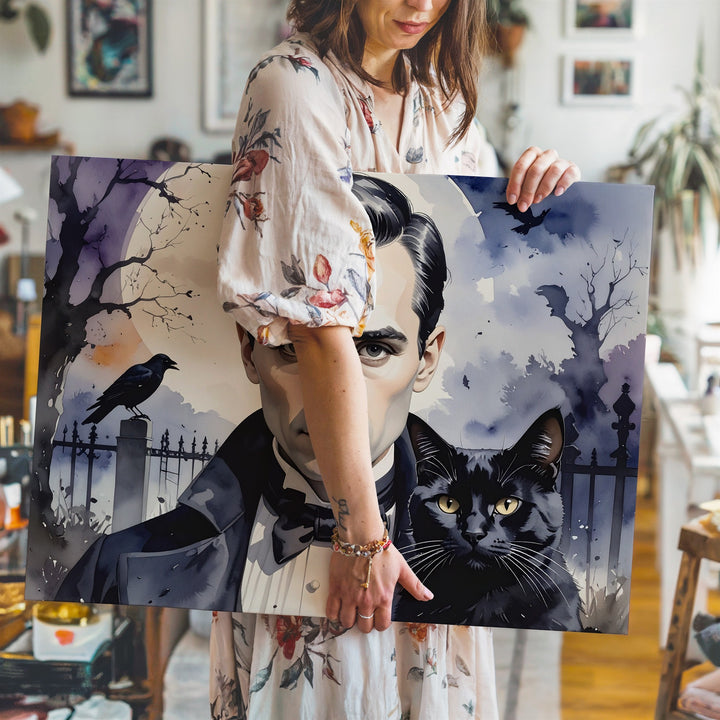 Edgar Allan Poe in Graveyard Canvas – Watercolor Gothic Halloween Wall Art - Gifitto