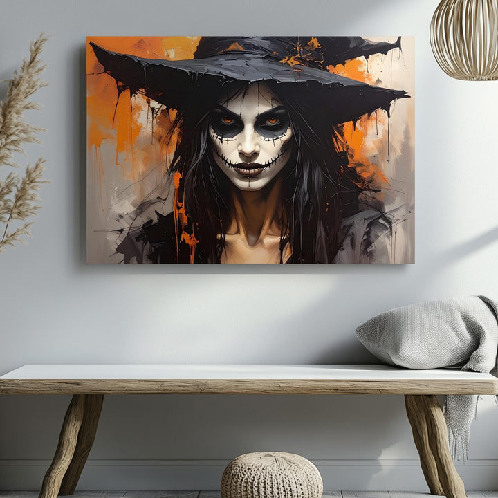 Haunting Witch Portrait Canvas – Gothic Day of the Dead Halloween Art - Gifitto