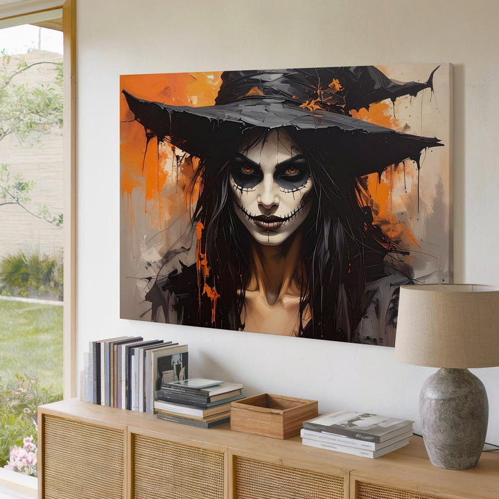Haunting Witch Portrait Canvas – Gothic Day of the Dead Halloween Art - Gifitto