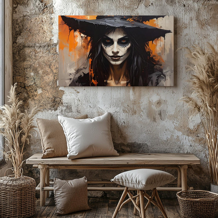 Haunting Witch Portrait Canvas – Gothic Day of the Dead Halloween Art - Gifitto