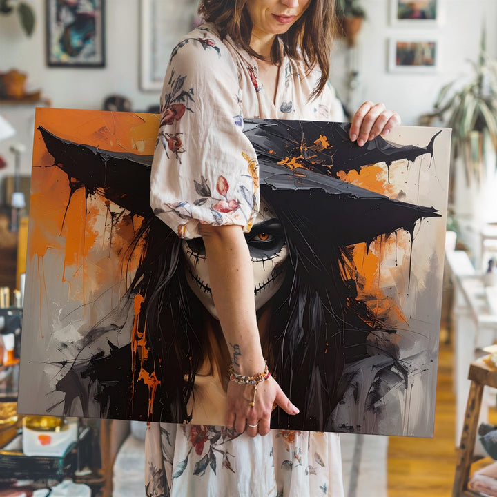 Haunting Witch Portrait Canvas – Gothic Day of the Dead Halloween Art - Gifitto