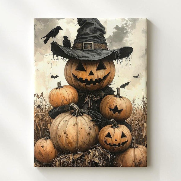 Pumpkin Scarecrow Canvas – Folk Horror Halloween Harvest Art - Gifitto