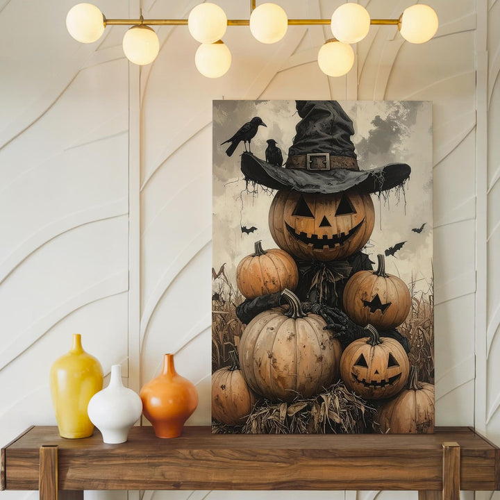 Pumpkin Scarecrow Canvas – Folk Horror Halloween Harvest Art - Gifitto