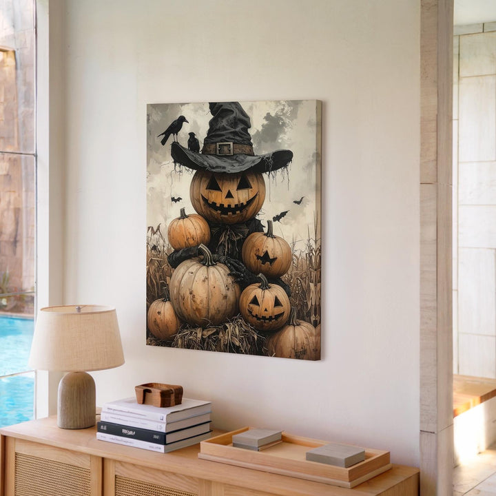 Pumpkin Scarecrow Canvas – Folk Horror Halloween Harvest Art - Gifitto