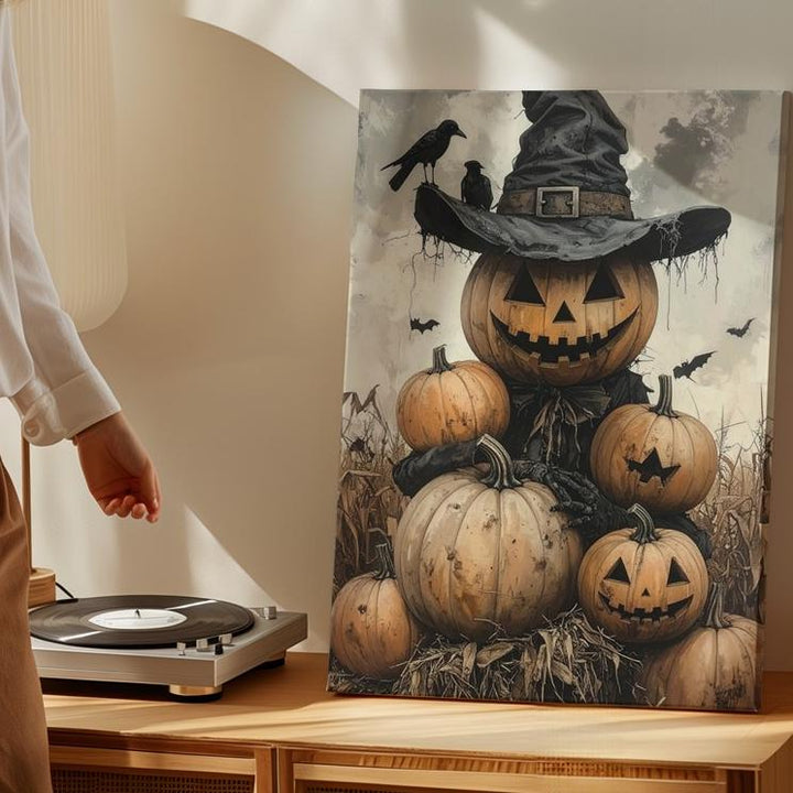 Pumpkin Scarecrow Canvas – Folk Horror Halloween Harvest Art - Gifitto