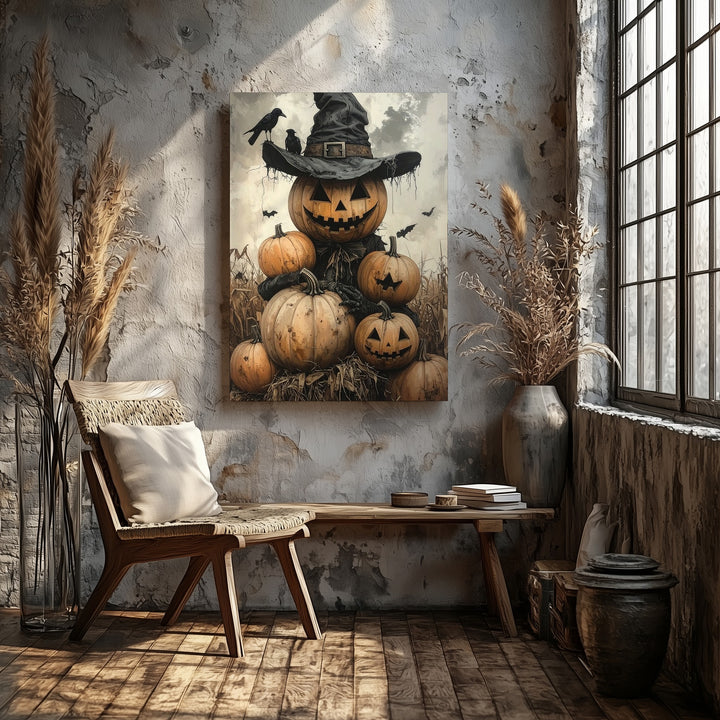 Pumpkin Scarecrow Canvas – Folk Horror Halloween Harvest Art - Gifitto