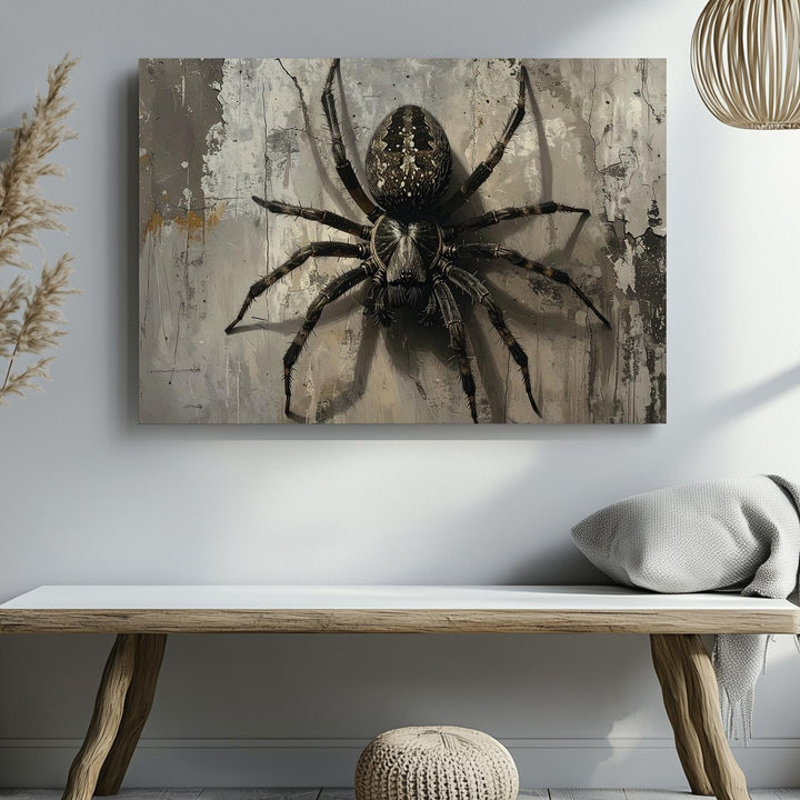 Realistic Spider on Cracked Wall Canvas – Minimalist Halloween Horror Art - Gifitto
