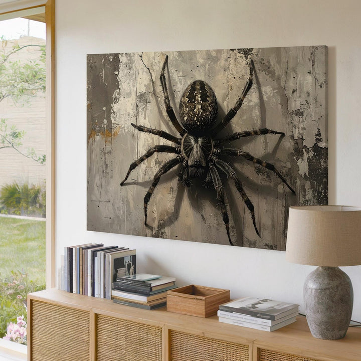 Realistic Spider on Cracked Wall Canvas – Minimalist Halloween Horror Art - Gifitto